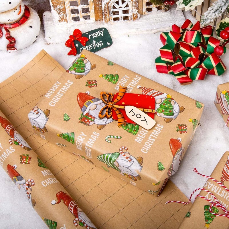 Retrify Kraft Christmas Wrapping Paper - 17 Inch x 32.8 Feet Mini Roll - Cute Red Green Gnome with Grid Cutting Lines Gift Wrap Paper for Holiday Shower Party Celebration - Image 5